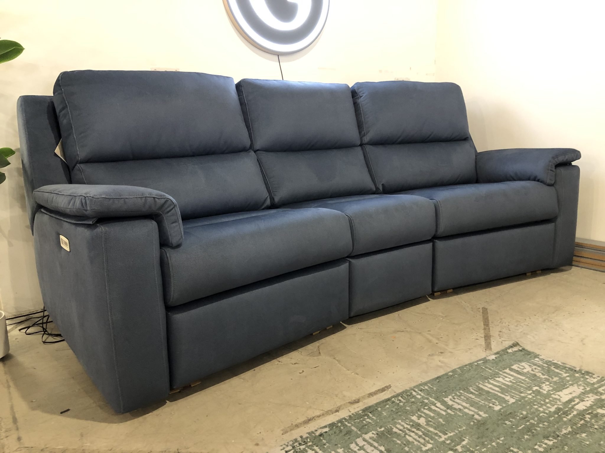 G Plan Harper Large Curved Sofa with Electric Recliner in Blue Fabric
